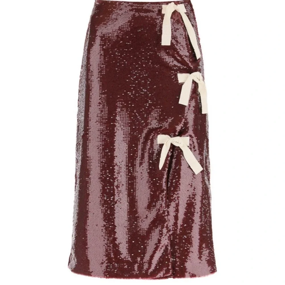 Ganni Sequin Midi Skirt with Bows - Burgundy size 34